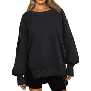 Classic Solid Black <b>Crewneck</b> Batwing Sleeve Women Sweatshirts Thick Thermal Durable Fleece Cozy Winter Sweaters - Product Image 1