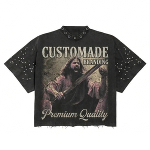 Custom Premium Heavyweight Vintage Wash 100% Cotton Print Tee <b>Grommet</b> Neckline Rhinestone Embellishments Boxy Fit OEM Streetwear - Product Image 1