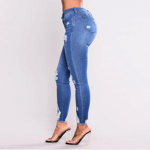 Último Diseño: Jeans de Mezclilla Ajustados de Cintura Alta con Parches y Efecto Desgastado para Mujer, Color Sólido - Product Image 4