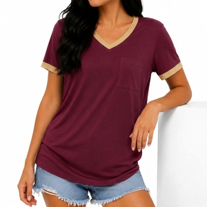 Women V Neck T-Shirt Solid Color Short Sleeve Pocket Casual Loose Fit Cotton <b>Top</b> Spring Summer Wear - Product Image 1