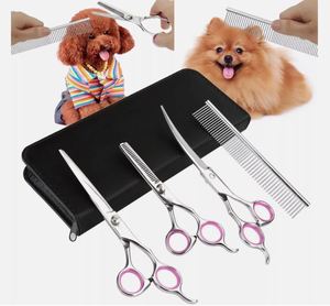 Juego de tijeras profesionales para peluquería canina de 7 pulgadas, tijeras rectas, curvas y de entresacar con peine de acero, acero inoxidable de alta resistencia - Product Image 1