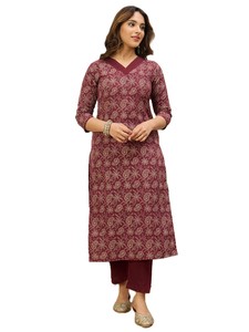 Kurta Recta de Algodón Estampada para Mujer con Diseño Floral para Uso Casual, Estilo Tradicional de Primavera/Otoño - Product Image 4