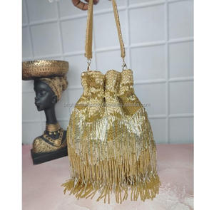 Sac de soirée Potli de luxe fait main en daim perlé à motif géométrique avec bandoulière, capacité 1L, élégant pour mariage/fête - Product Image 1