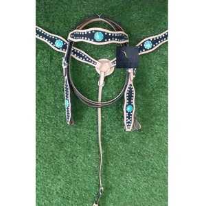 Western Tan <b>Leather</b> Horse Headstall & Breast Collar Set Turquoise & Clear Crystal Conchos SS Fitting - Product Image 3