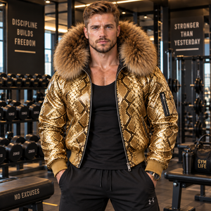 Men Fashion Python <b>Leather</b> Bomber <b>Jacket</b> with Fox Fur Collar Hood Premium <b>Biker</b> Coat | Herren Lederjacke | Chaqueta Hombre Cuero - Product Image 6