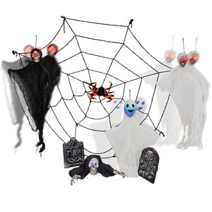 Set di Fantasmi Appesi di Halloween con Ragnatele e Lapidi, Occhi Illuminati e Decorazioni Oscillanti - Product Image 2