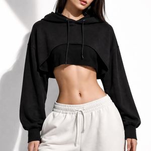 Sweat-shirt à capuche court pour femme, couleur unie, manches longues, tricoté, décontracté, respirant, blanc, pour le printemps - Product Image 3