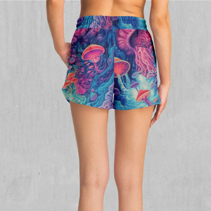 Shorts de sport pour femmes, taille haute, séchage rapide, en tissu Oxford, avec fermeture éclair, bordure en dentelle, impression par transfert thermique, logo personnalisé - Product Image 4
