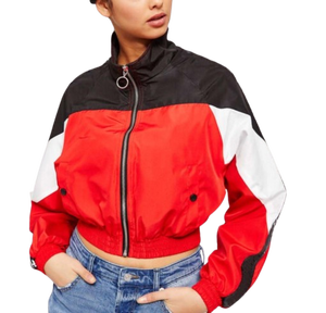 Veste coupe-vent en polyester pour femme avec logo personnalisé, blocs de couleur, imperméable, pour la course à pied, la randonnée, la pluie, en tissu mémoire teint uni, avec fermeture éclair - Product Image 3