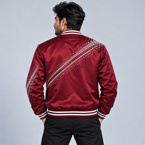 Chaqueta Varsity Casual de Satén con Pedrería, Chaqueta Bomber Brillante a la Moda con Decoraciones de Estrellas de Cristal y Puños Acanalados - Product Image 3
