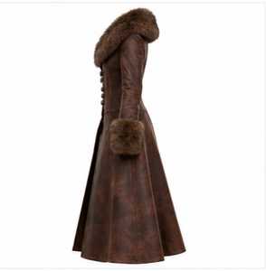 Manteau trench en cuir marron pour femme avec garniture en fourrure de renard, long, pour l'hiver - Product Image 3