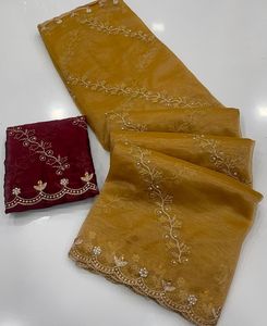 Sari en organza sergé pur et doux, brodé à la main, avec chemisier en satin épais, pour femme, idéal pour les fêtes et mariages, tenue ethnique traditionnelle de créateur moderne - Product Image 6