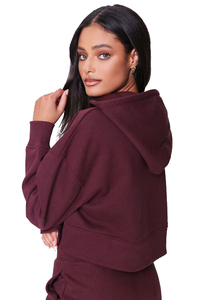 Women's Maroon Hooded <b>Cropped</b> Sweatshirt Full Sleeve Knitted Breathable Letter Print Casual Autumn Wear - Product Image 6