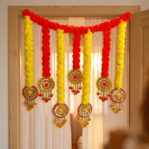Modern Red Yellow Marigold Toran Door Hanging Eco-Friendly Plastic Flower Multi-Functional Golden <b>Floral</b> Medallions Bells Decor - Product Image 3