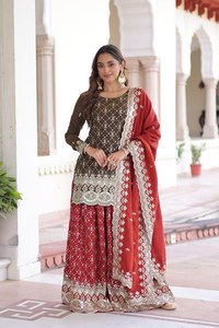 Salwar Kameez con bordado de lentejuelas marrones y Sharara roja y Dupatta para mujer, ropa tradicional india para bodas. - Product Image 1