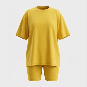 Ensemble 2 pièces pour femme, t-shirt à manches courtes en tricot jaune uni et short au-dessus du genou, col rond, coupe ample, décontracté, printemps-été - Product Image 1