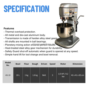 Batteur Planétaire Électrique Atlas Star 10L avec Bol en Acier Inoxydable, 3 Vitesses Réglables pour Boulangerie, Durable pour Pâte, Farine, Blé, Lait - Product Image 2