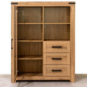 Mueble de Almacenamiento Moderno de Roble Macizo Ecológico con Forma Trapezoidal, Vitrina con Puerta de Vidrio y Tirador de Hierro para el Hogar - Product Image 4