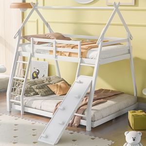 White Twin Over Queen House Bunk <b>Bed</b> with Climbing <b>Nets</b> and Ramp Kids' Furniture - Product Image 1