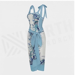 Women's Blue Floral Print One-Piece Dress With Square Neck And Side Tie Detail - Product Image 3