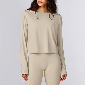 Latest Sports Arrival Summer Material Sweat Wicking Comfortable <b>Long</b> Sleeve Wide Neck <b>Women</b> Thumb Hole Cuffs Workout <b>Shirt</b> - Product Image 5