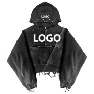 Hoodie court et ample en molleton avec logo imprimé numériquement, zippé intégralement, style vintage délavé et usé pour hommes, effet déchiré en denim - Product Image 1