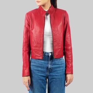 Veste en cuir véritable respirante pour femme Kristin, rouge, avec col montant - Veste en cuir rouge - Product Image 1
