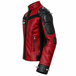 Chaqueta Bomber de Cuero Genuino Roja y Negra para Hombre, Cuello Alto, con Tachuelas, Cierre de Cremallera, Ajustada, Transpirable, Ecológica, Informal, de Invierno - Product Image 5