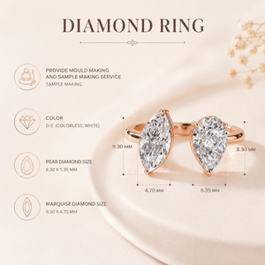 Premium Toi Et Moi Pear Marquise Cut Lab Grown Diamond Two Stone Women's <b>Ring</b> 18K Gold IGI Certified Luxury Fine Jewelry - Product Image 5