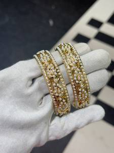 Bhargavi Luxury Indian Handcrafted Rhodium Plated Jadau Pearl <b>Bangles</b> <b>Set</b> | Bridal Wedding Jewelry Ethnic Fashion Bracelet - Product Image 4