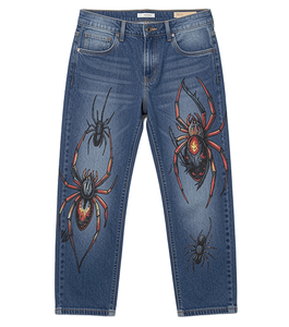 Pantalones Vaqueros de Mezclilla para Hombre, Estilo Vintage, con Estampado Gráfico de Araña, Corte Regular, Estilo Urbano, Lavado Azul, Pantalones de Moda - Product Image 1