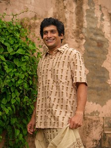 Hand-Block Printed Men Short Kurta Premium Breathable Organic Cotton Fabric Relaxed Fit Classic Collar <b>Half</b>-Sleeves <b>Shirt</b> - Product Image 6