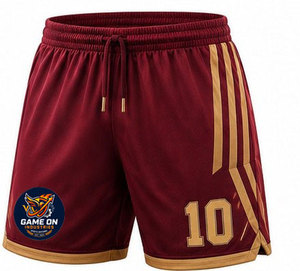 Shorts rayés bordeaux et or pour homme, numéro 10, évacuation de l'humidité, fermeture à cordon, coupe régulière pour adulte - Product Image 1