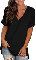 T-shirt décontracté pour femme à col en V et manches courtes, 100 % coton tricoté, coupe classique, teint uni, anti-plis, anti-boulochage, couleur unie