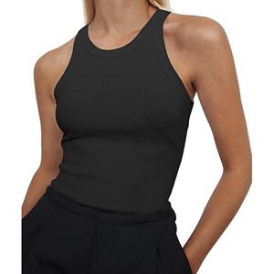 Camisetas sin mangas 100% algodón lisas, tops cortos al por mayor, camiseta sin mangas acanalada con cuello redondo para mujer - Product Image 2