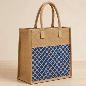 Striped Jute Luxury Casual Tote <b>Bag</b> with Cotton Lining Unisex for Daily <b>Travel</b> Office Shopping - Product Image 2