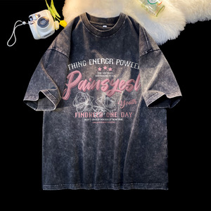 เสื้อยืดแขนสั้นผู้ชายทรงปกติ ผ้าฝ้ายฟอก ลายดอกไม้ คอกลม สไตล์วินเทจ พิมพ์ลายยางนูน โลโก้ด้านหน้า - Product Image 1