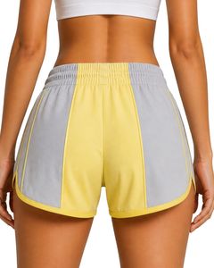 Shorts de sport pour femmes, jaunes et gris clair, à séchage rapide, respirants, taille élastique, pour la gym, le fitness, les loisirs et les activités sportives. - Product Image 2