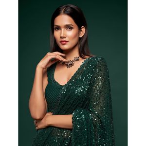 ชุดผ้าส่าหรีพร้อมเสื้อออกงานเลี้ยงสีเขียวปักเลื่อมน่ารัก - Product Image 3