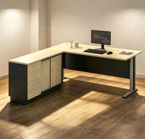 Bureau d'angle moderne avec armoire de rangement, poste de travail informatique autoportant en bois d'érable, 7 tiroirs, design minimaliste DIY - Product Image 1