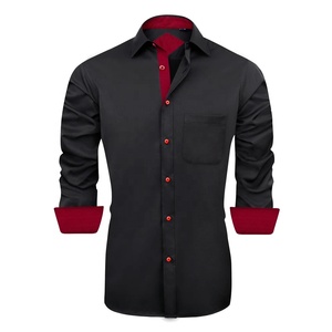 Men's Black Breathable Print <b>Dress</b> Shirt with Red Contrast Cuffs and Placket Full Sleeve Turn-down Collar Poplin - Product Image 1