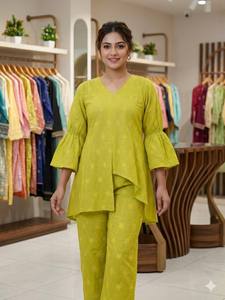 Ensemble décontracté indien pakistanais en coton jaune brodé pour femmes, coupe ample, longueur cheville, tenue d'été - Product Image 2