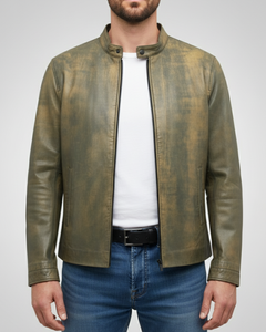 Men's Washed Olive Green Leather Moto <b>Jacket</b> Stand Collar Zipper Closure <b>Slim</b> <b>Fit</b> Regular Length Autumn Style - Product Image 3
