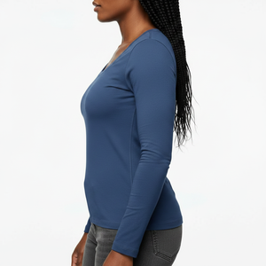 Haut ajusté à manches longues et col rond pour femme, couleur vive, en coton extensible doux et uni, personnalisable OEM, vente en gros, fournisseur en vrac - Product Image 3