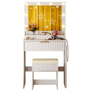 Set Toeletta Trucco con Luci a 8 Colori, in Truciolato Bianco, con 3 Scomparti, 1 Cassetto e Griglia Porta Prese - Product Image 3