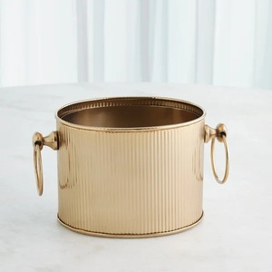 Golden Striped <b>Ice</b> <b>Bucket</b> With Ring Handles Round Metal Champagne Cooler For Party Glam Bar Decor - Product Image 3