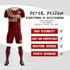Camiseta de Fútbol Personalizada por Sublimación para Hombre, Color Granate y Dorado, Uniforme de Fútbol Personalizado, Manga Corta, Cuello en V, Transpirable y Ecológico - Product Image 3