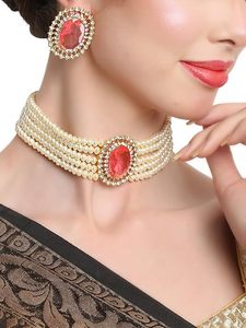 Parure Collier et Boucles d'Oreilles Vintage Plaqué Or avec Perles et Cristal Rose Ovale Central, Bijoux de Soirée pour Femme en Alliage et Perles d'Imitation - Product Image 2