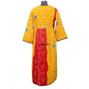 Vestido largo estilo bohemio moderno para mujer, corte en A, estampado, 100% algodón kantha, mangas tres cuartos, vestido natural. - Product Image 6