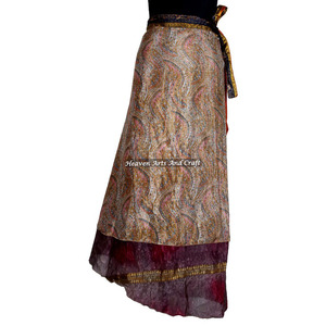 <b>Beach</b> Wear Silk Saree Wrap Long Skirt Women Wear Vintage Silk Sari Long Length Wrap Around Skirt 2 Layer Reversible <b>Magic</b> 38" - Product Image 4